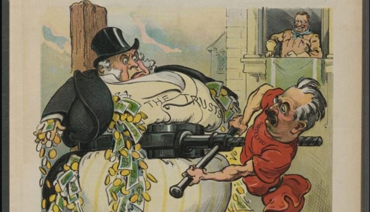 “Putting the screws on him,” a cartoon by Udo J. Keppler, appeared in Puck magazine in 1904. President Theordore Roosevelt, pictured upper right, was a famous trustbuster. Image via Library of Congress.