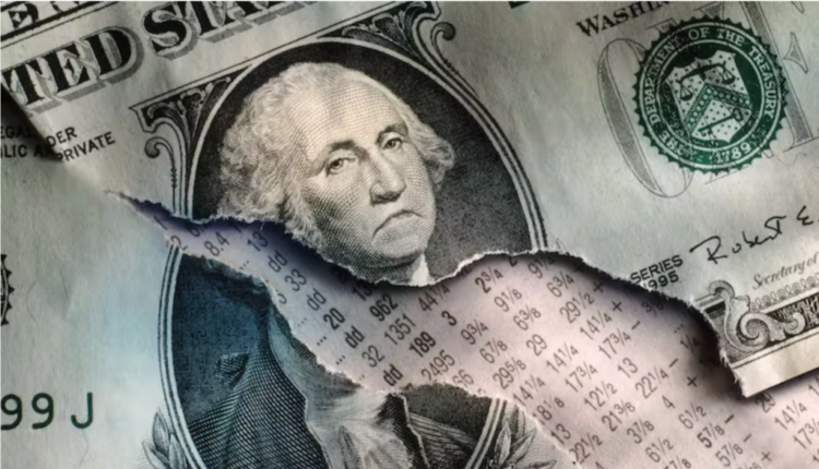 Torn dollar bill; frowning George Washington