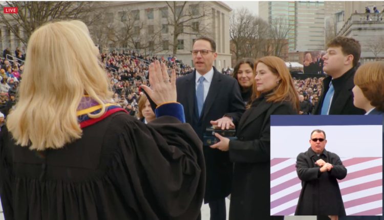 Pennsylvania Supreme Court Justice Debra Todd delivers the oath of office to Gov. Josh Shapiro on Tuesday, 1/17/23 (Commonwealth Media Services).