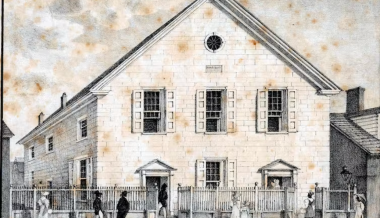 The exterior view of the Bethel African American Methodist Episcopal Church at 125 S. 6th St. in Philadelphia. Breton, William L., circa 1773-1855 Artist via the Library of Congress, World Digital Library.